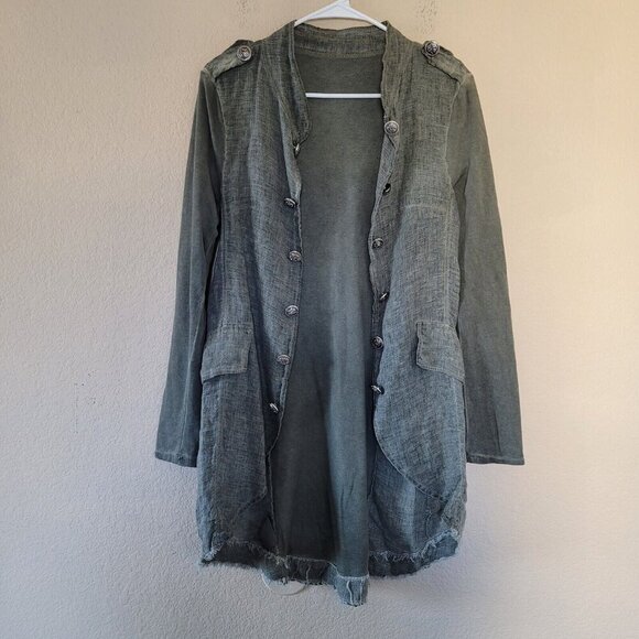 Womens Linen Blazer Duster Small Lightweight Military Grunge Retro Green Italy - Picture 1 of 7